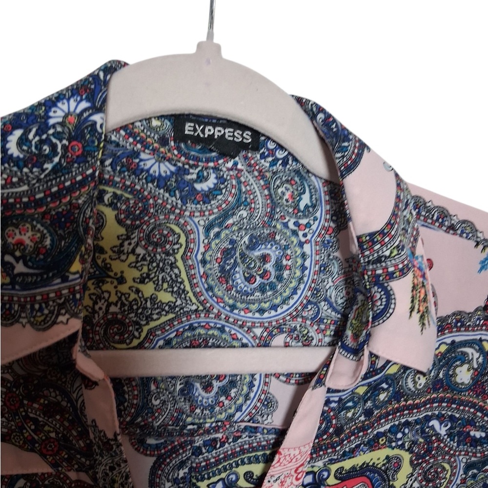 Express Women's Paisley Button Down Shirt - Pink and Blue